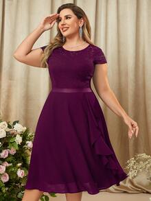 MIUSOL Vestido fiesta ribete con fruncido en contraste con encaje floral - Granate - Ver 5