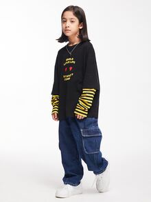 Camiseta informal de manga larga de ajuste holgado con estampado de cara feliz 2 en 1 para niño preadolescente en primavera y otoño - Negro - Ver 4