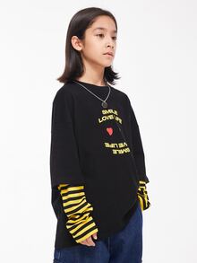 Camiseta informal de manga larga de ajuste holgado con estampado de cara feliz 2 en 1 para niño preadolescente en primavera y otoño - Negro - Ver 7