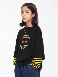 Camiseta informal de manga larga de ajuste holgado con estampado de cara feliz 2 en 1 para niño preadolescente en primavera y otoño - Negro - Ver 8