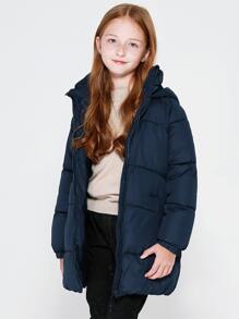 Tween Girl Solid Color Long Sleeve Kangaroo Pocket Casual Hooded Outwear Jacket, Winter - Navy Blue - View 6