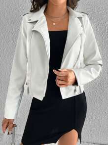 SHEIN Tall Zip Up PU Biker Jacket - White - View 1
