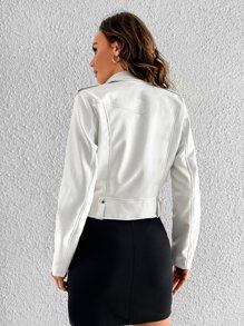 SHEIN Tall Zip Up PU Biker Jacket - White - View 2