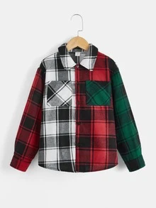 SHEIN 男孩格紋印花口袋貼布襯衫