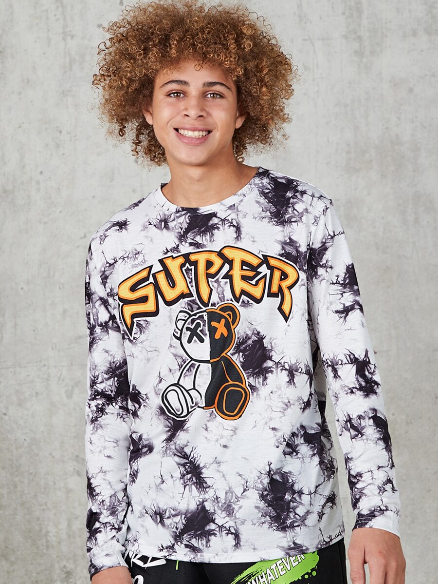 SHEIN 男孩熊和字母圖案紮染T恤