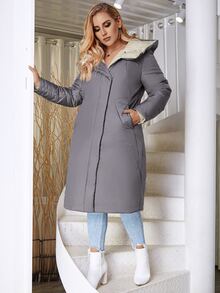 Astrid Plus Size Zip Up Pocket Side Hooded Padded Coat - Mauve Purple - View 3