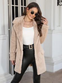 RELISH NOLESS Women's Autumn/Winter Large Lapel Single-Breasted Faux Fur Coat - Apricot - View 5