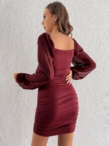 SHEIN Tall Square Neck Lantern Sleeve Ruched Bodycon Dress - Burgundy - View 2