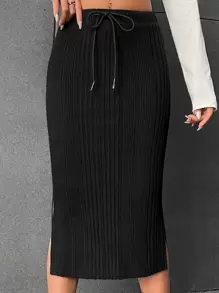 Muchica Drawstring Waist Slit Hem Pencil Skirt - Black - View 1