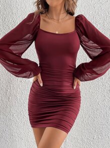 SHEIN Tall Square Neck Lantern Sleeve Ruched Bodycon Dress - Burgundy - View 5