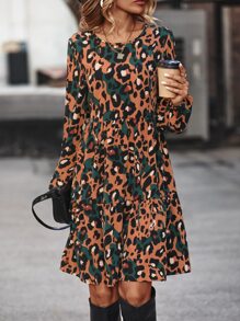 1 pieza Vestido con estampado de leopardo de manga farol bajo con fruncido - Marrón - Ver 4