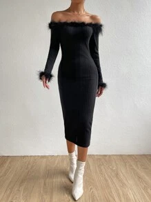 Zolique Vestido ajustado de hombros descubiertos ribete lanudo sin cinturón - Negro - Ver 3
