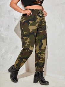 Jeans cargo con estampado de camuflaje de cintura con cordón - Multicolor - Ver 5