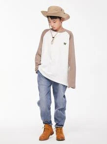 Chico preadolescente Camiseta estilo japones de color combinado manga larga casual Pullover para primavera con otoño - Blanco - Ver 4