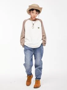 Chico preadolescente Camiseta estilo japones de color combinado manga larga casual Pullover para primavera con otoño - Blanco - Ver 5