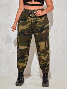 Jeans cargo con estampado de camuflaje de cintura con cordón - Multicolor - Ver 1