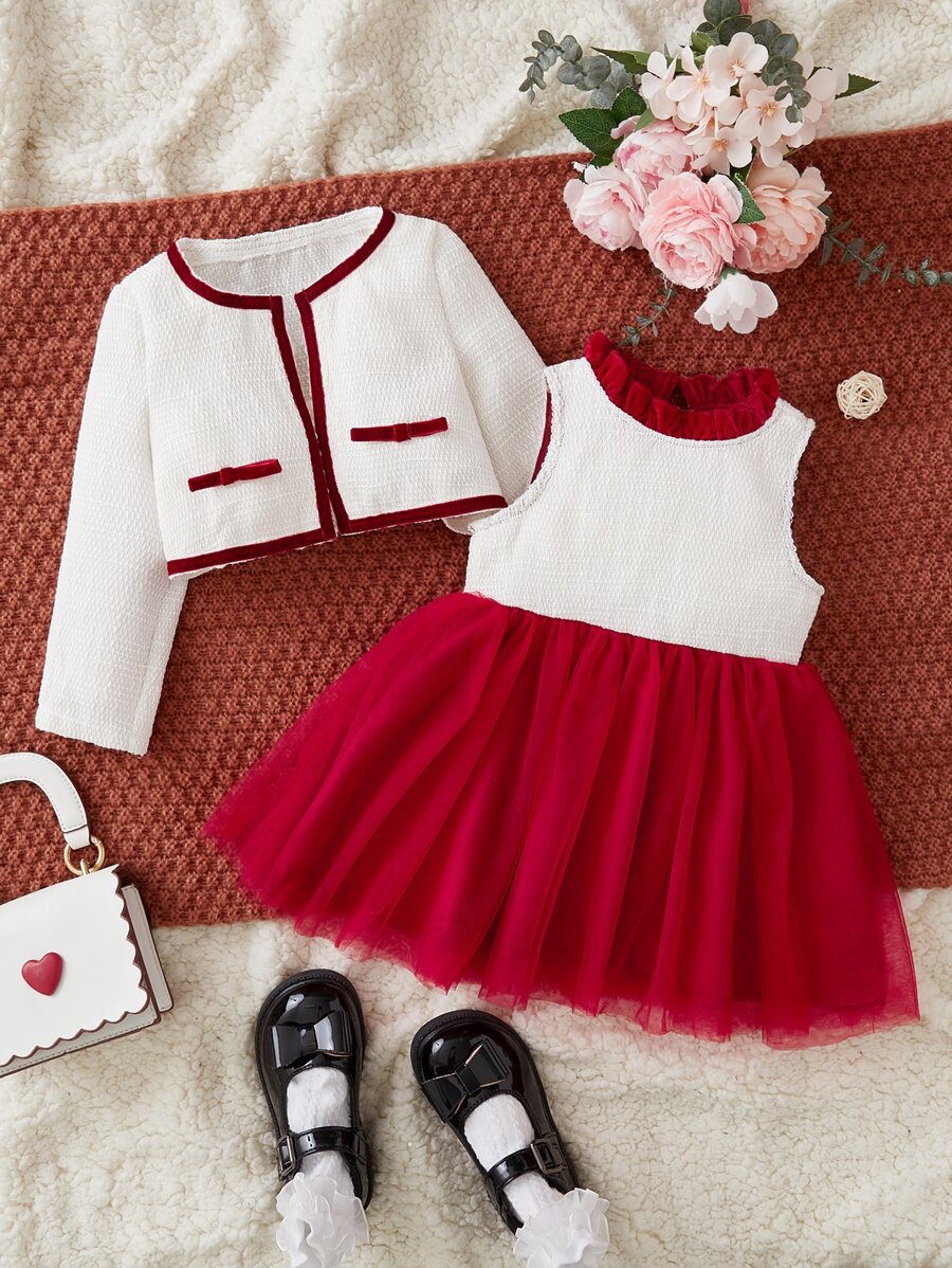 SHEIN Baby Contrast Binding Jacket & Frill Trim Dress - Red and White - View 1