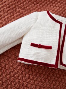 SHEIN Baby Contrast Binding Jacket & Frill Trim Dress - Red and White - View 4