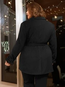 SHEIN CURVE+ Plus Fuzzy Cuff Belted Blazer - Black - View 2