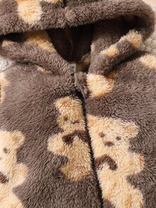 Baby Bear Pattern Hooded Teddy Coat - Coffee Brown - View 4