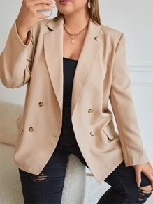 SHEIN Clasi Plus Lapel Neck Double Breasted Blazer - Apricot - View 5