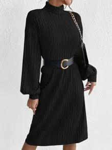 SHEIN Essnce Turtleneck Lantern Sleeve Dress Without Belt - Black - View 1