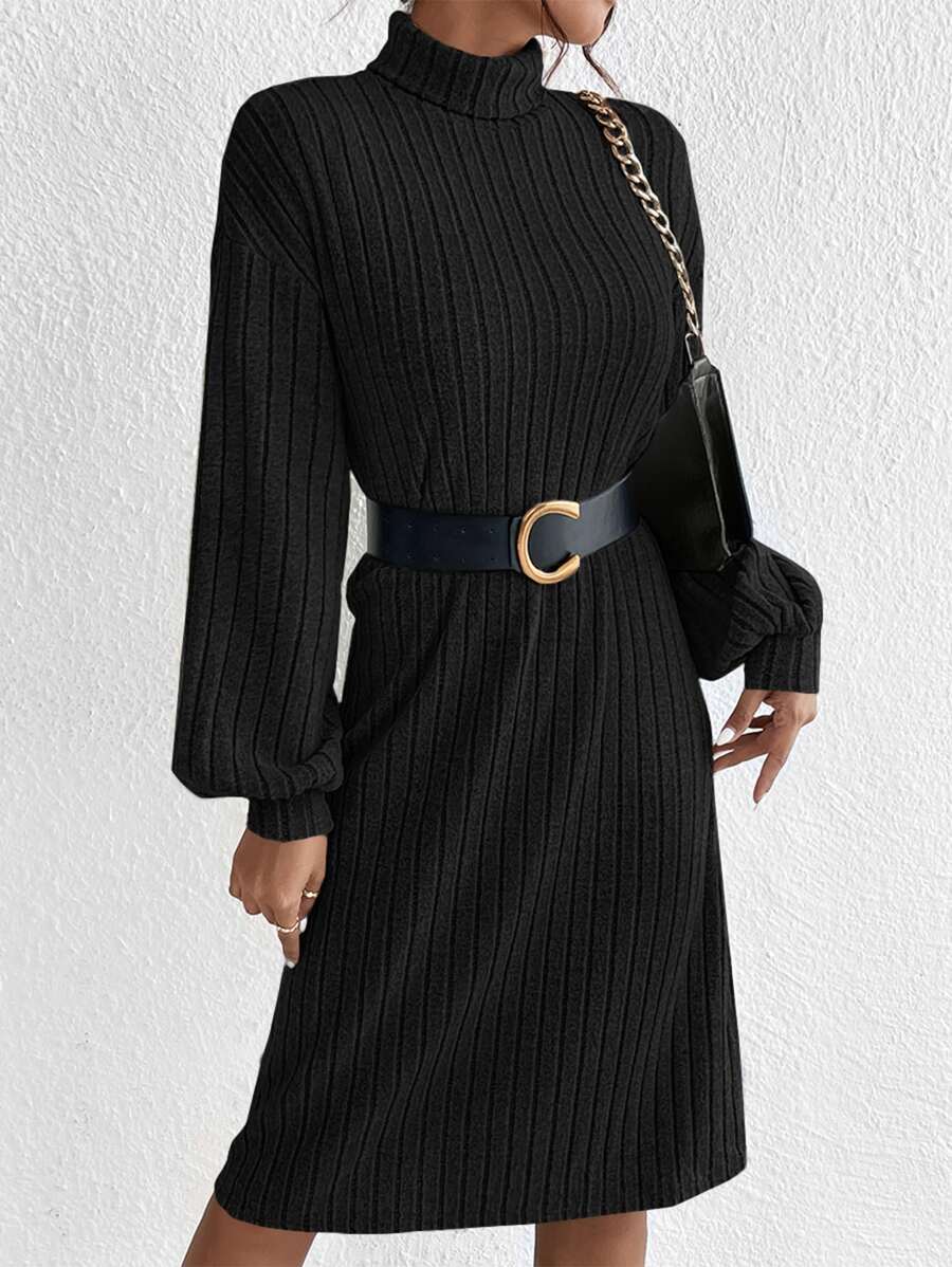 SHEIN Essnce Turtleneck Lantern Sleeve Dress Without Belt - Black - View 1