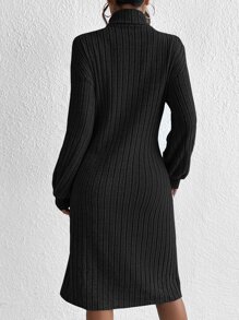 SHEIN Essnce Turtleneck Lantern Sleeve Dress Without Belt - Black - View 2
