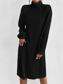 SHEIN Essnce Turtleneck Lantern Sleeve Dress Without Belt - Black - View 3