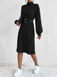 SHEIN Essnce Turtleneck Lantern Sleeve Dress Without Belt - Black - View 5