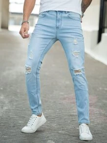 Men Cotton Ripped Slim Straight Jeans - Light Wash - View 1