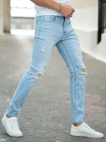 Men Cotton Ripped Slim Straight Jeans - Light Wash - View 4