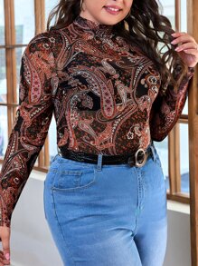 SHEIN Clasi Plus Mock Neck Paisley Print Mesh Top - Multicolor - View 3
