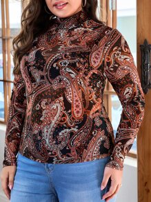 SHEIN Clasi Plus Mock Neck Paisley Print Mesh Top - Multicolor - View 4