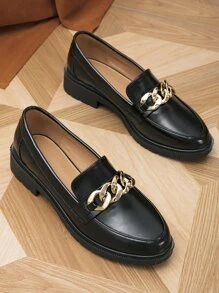 Fall/Winter Women's Black Chain Decor Flat Loafers, Fashionable Point Toe Flats - Black - View 3