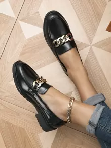 Fall/Winter Women's Black Chain Decor Flat Loafers, Fashionable Point Toe Flats - Black - View 5