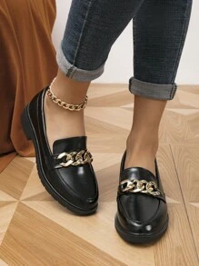 Fall/Winter Women's Black Chain Decor Flat Loafers, Fashionable Point Toe Flats - Black - View 8