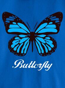 SHEIN EZwear Áo Zip Up Hoodie Chữ & Bướm In Lót nhiệt - Xanh đậm - Xem 3