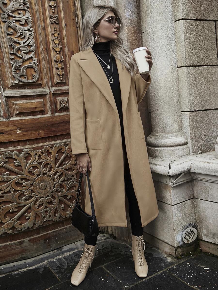 SHEIN Privé 雙口袋自綁腰帶花呢外套 - 卡其色 - 查看 1