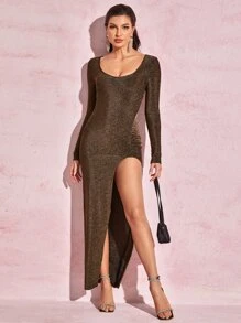 SHEIN BAE Split Thigh Glitter Dress - Bronze - View 1