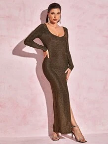 SHEIN BAE Split Thigh Glitter Dress - Bronze - View 5