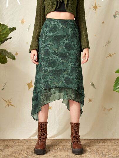 Floral Print Asymmetrical Hem Skirt