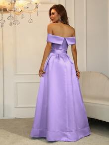Faeriesty Women's Elegant Fitted Off-Shoulder Satin Maxi Dress - Detachable Rhinestone Belt And Thigh-High Slit | Suitable For Formal Galas, Weddings And Special Occasions - Violet Purple - View 2