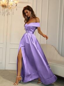Faeriesty Women's Elegant Fitted Off-Shoulder Satin Maxi Dress - Detachable Rhinestone Belt And Thigh-High Slit | Suitable For Formal Galas, Weddings And Special Occasions - Violet Purple - View 5