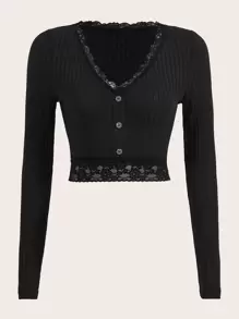 SHEIN ICON 蕾絲邊假鈕扣短款T恤