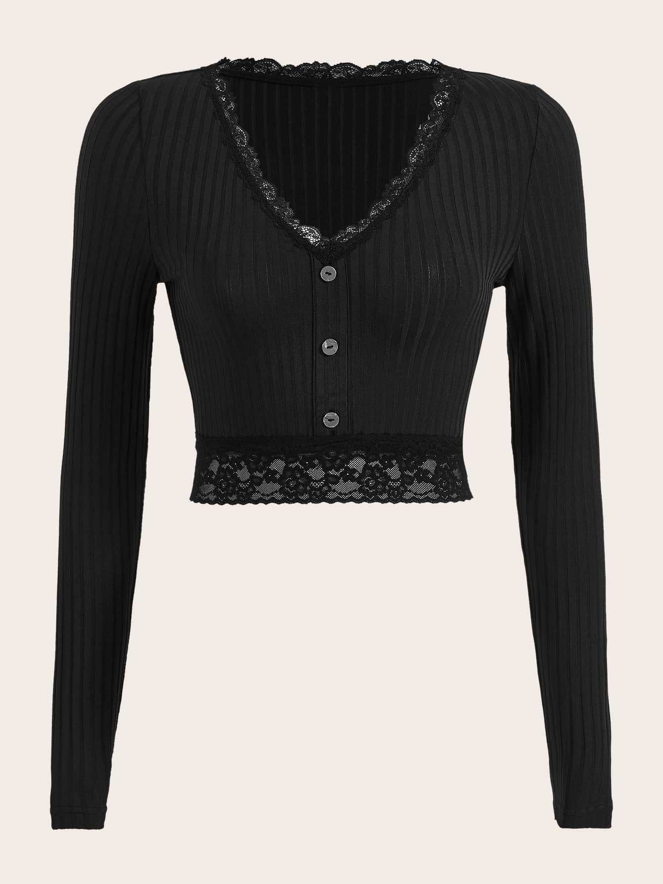 SHEIN ICON 蕾絲邊假鈕扣短款T恤