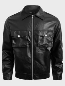 GENTILAND Oversized Men Flap Pocket PU Leather Jacket - Black - View 3