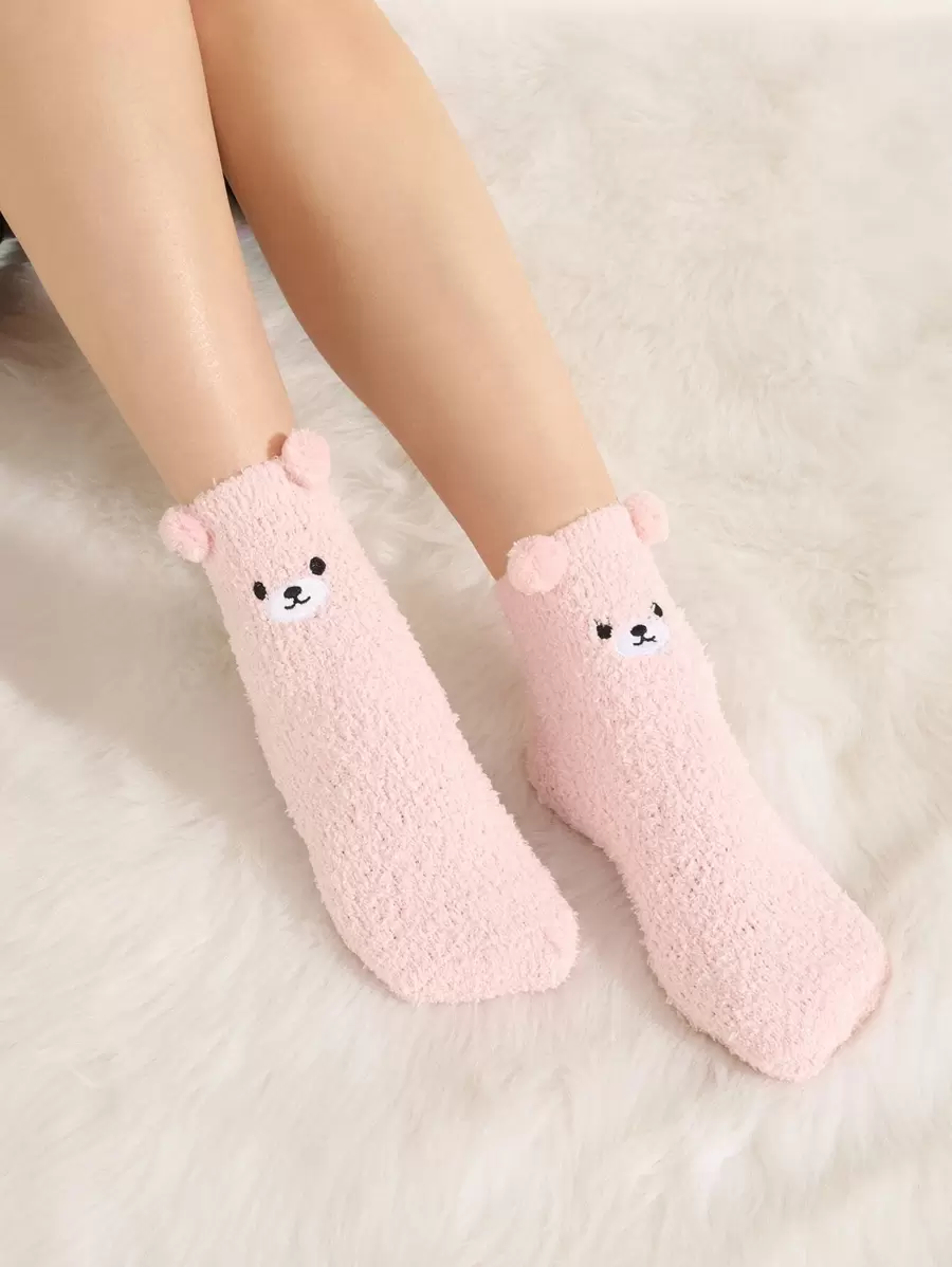 1 Pair Women's Cute Bear Coral Fleece House Fluffy Socks, Cozy - Pink - View 1