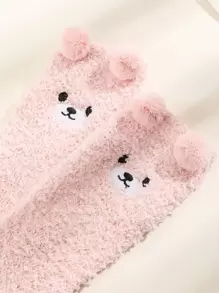 1 Pair Women's Cute Bear Coral Fleece House Fluffy Socks, Cozy - Pink - View 3