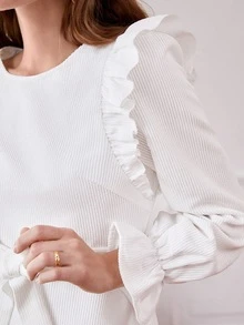 SHEIN Frenchy Ruffle Trim Flounce Sleeve Belted Dress - White - View 2